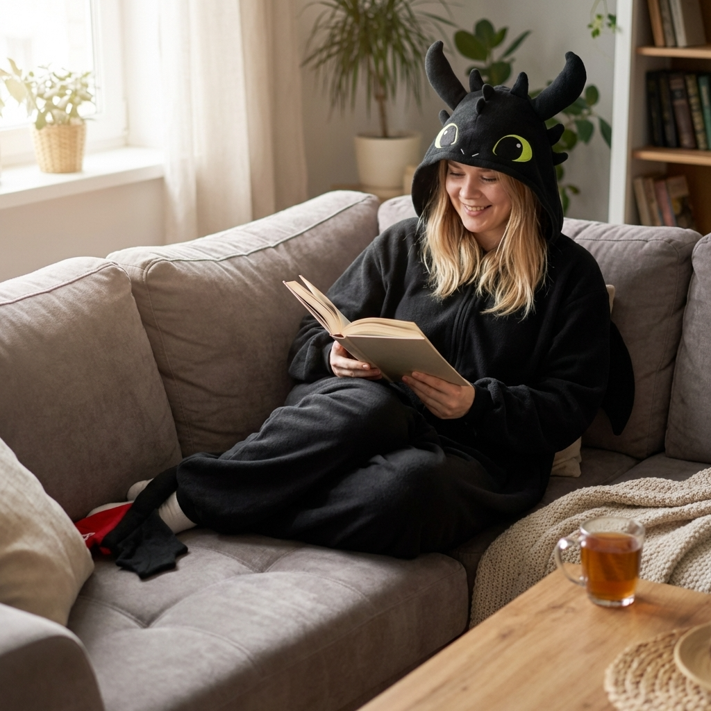 Person in a cozyfury toothless dragon onesie reading a book on a couch in a cozy living room.