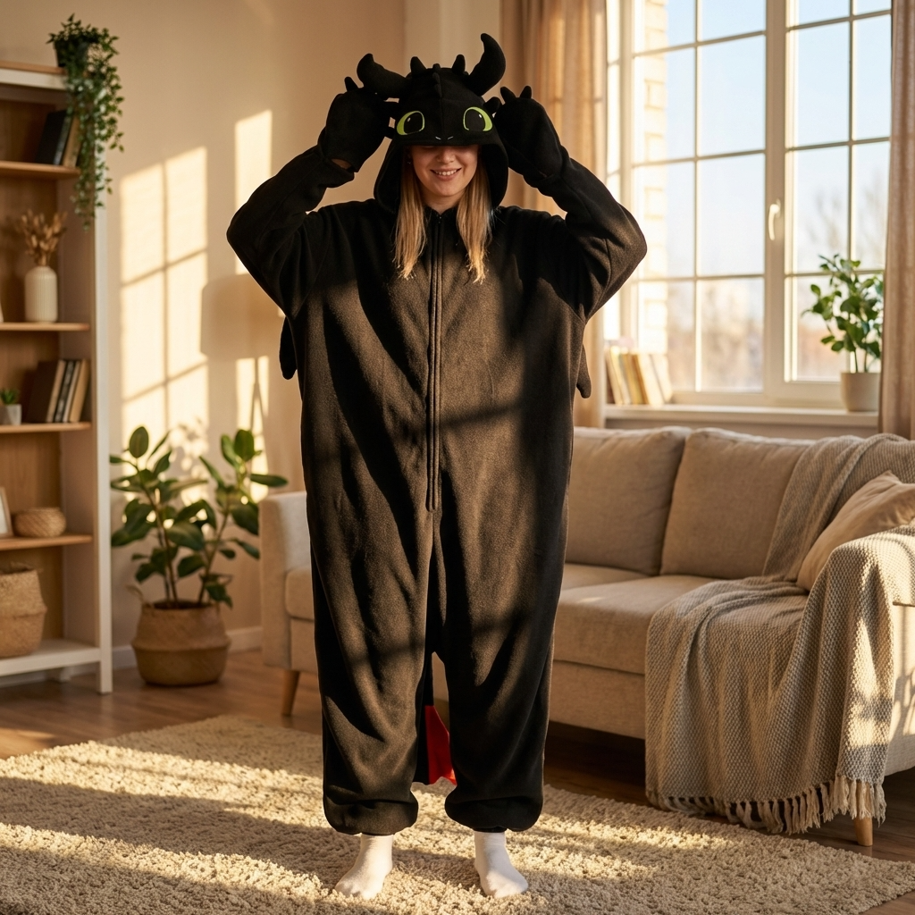 Person wearing a Cozyfury black toothless dragon onesie in living room.