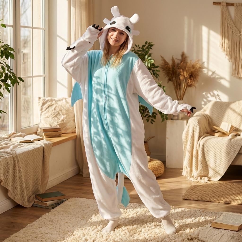 Person wearing a Cozyfury white toothless dragon onesie with a hood in a cozy room.